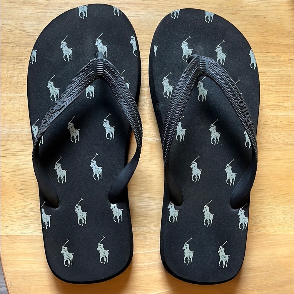 Ralph Lauren Polo Black Flip Flops with Gray Logo *EUC*